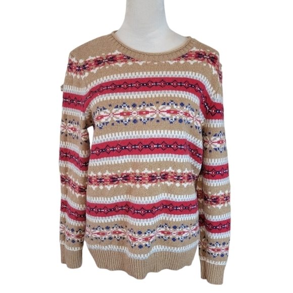 Lands End Tan & Red Fair Isle Cotton Sweater Size Medium - Picture 1 of 4